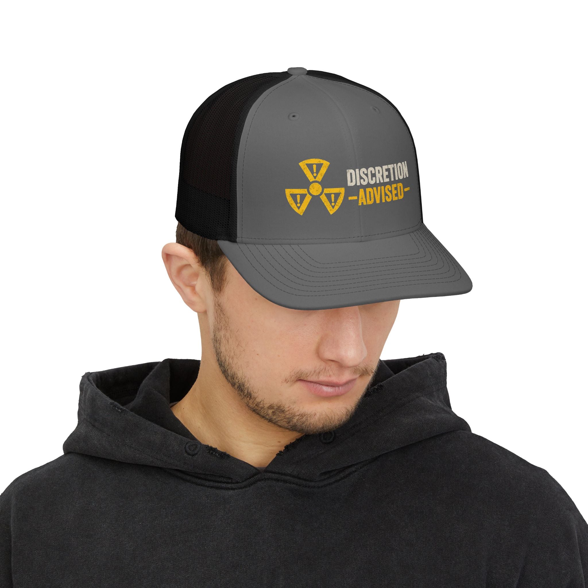 Discretion Advised Trucker Cap - Retro Radioactive Warning Snapback