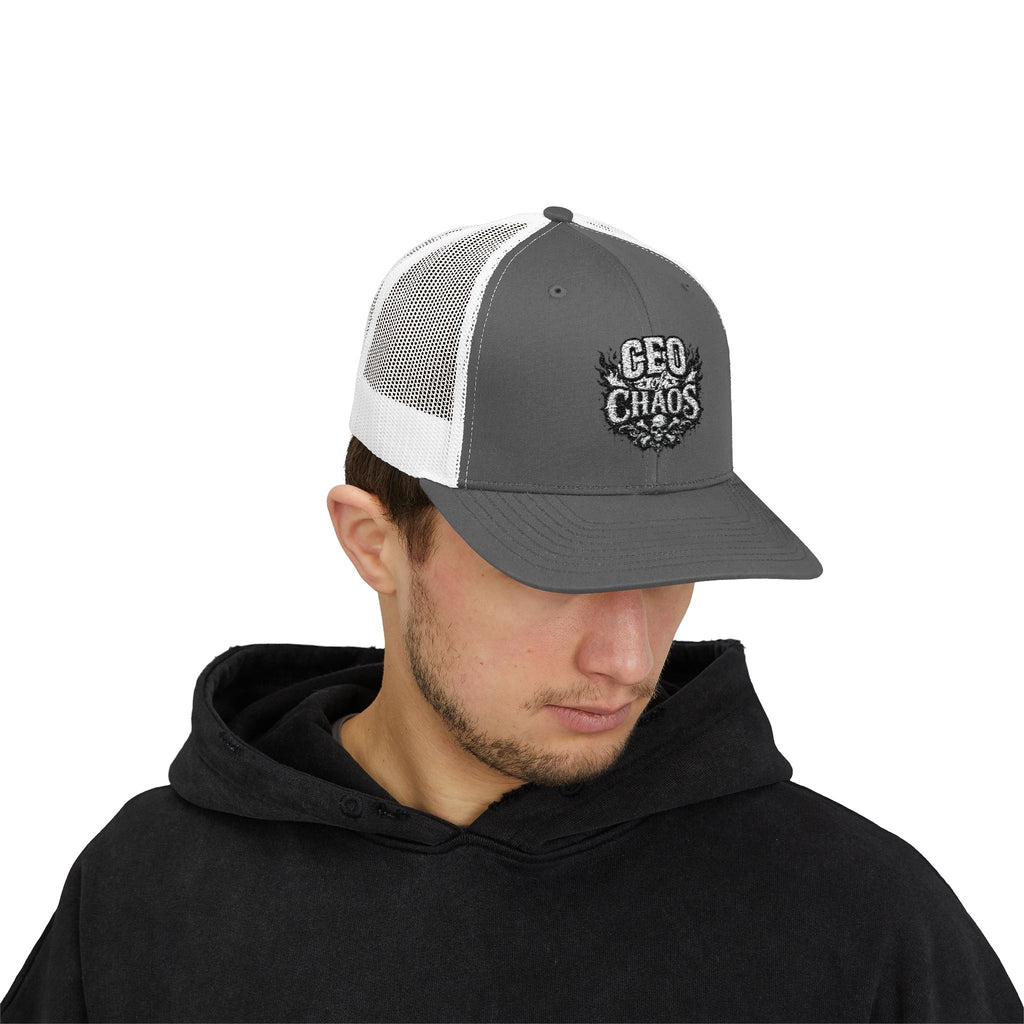 CEO of Chaos Trucker Cap — Distressed Graphic Snapback Hat for Outdoor & Streetwear