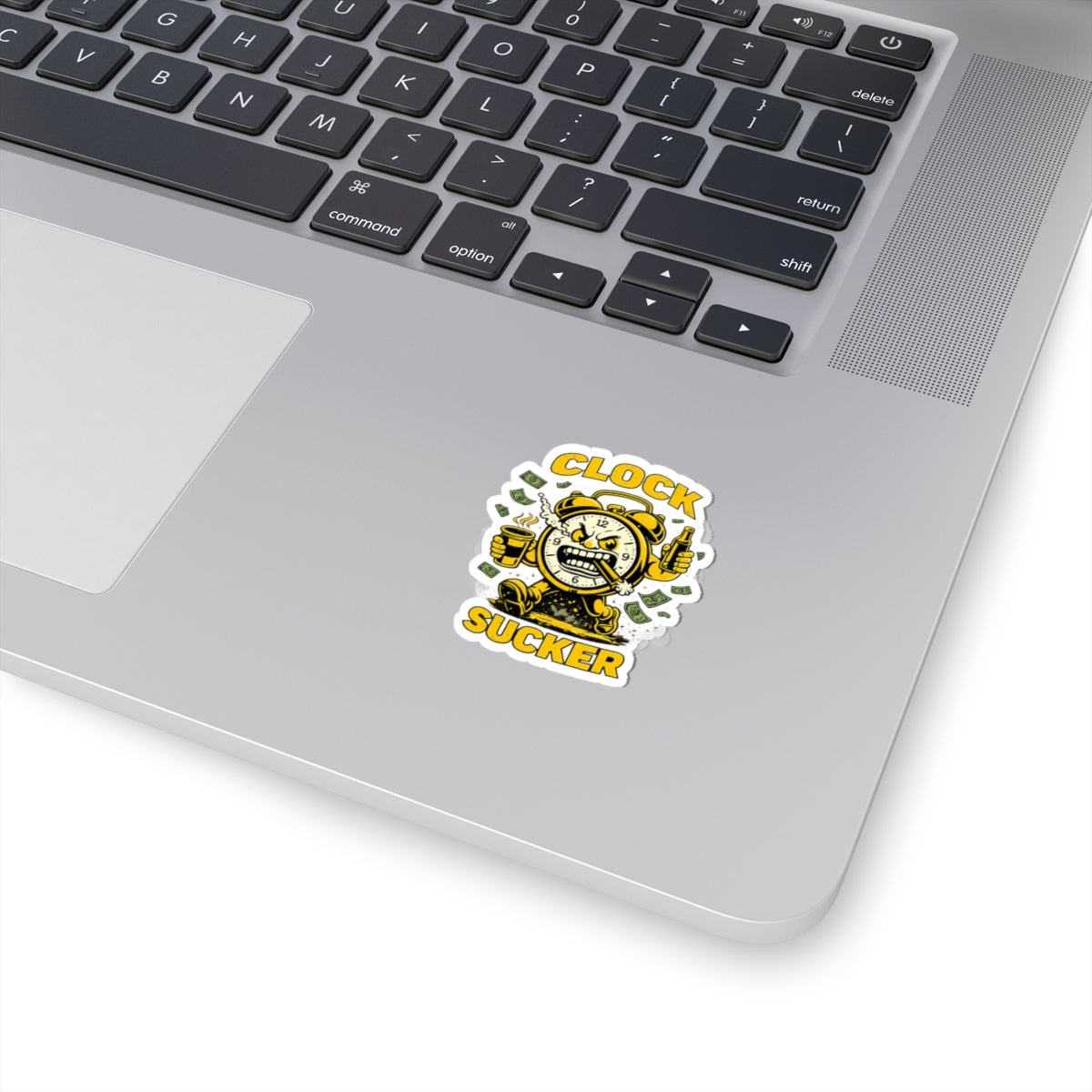 Clock Sucker Sticker — Funny Retro Alarm Clock Character with Cash & Coffee