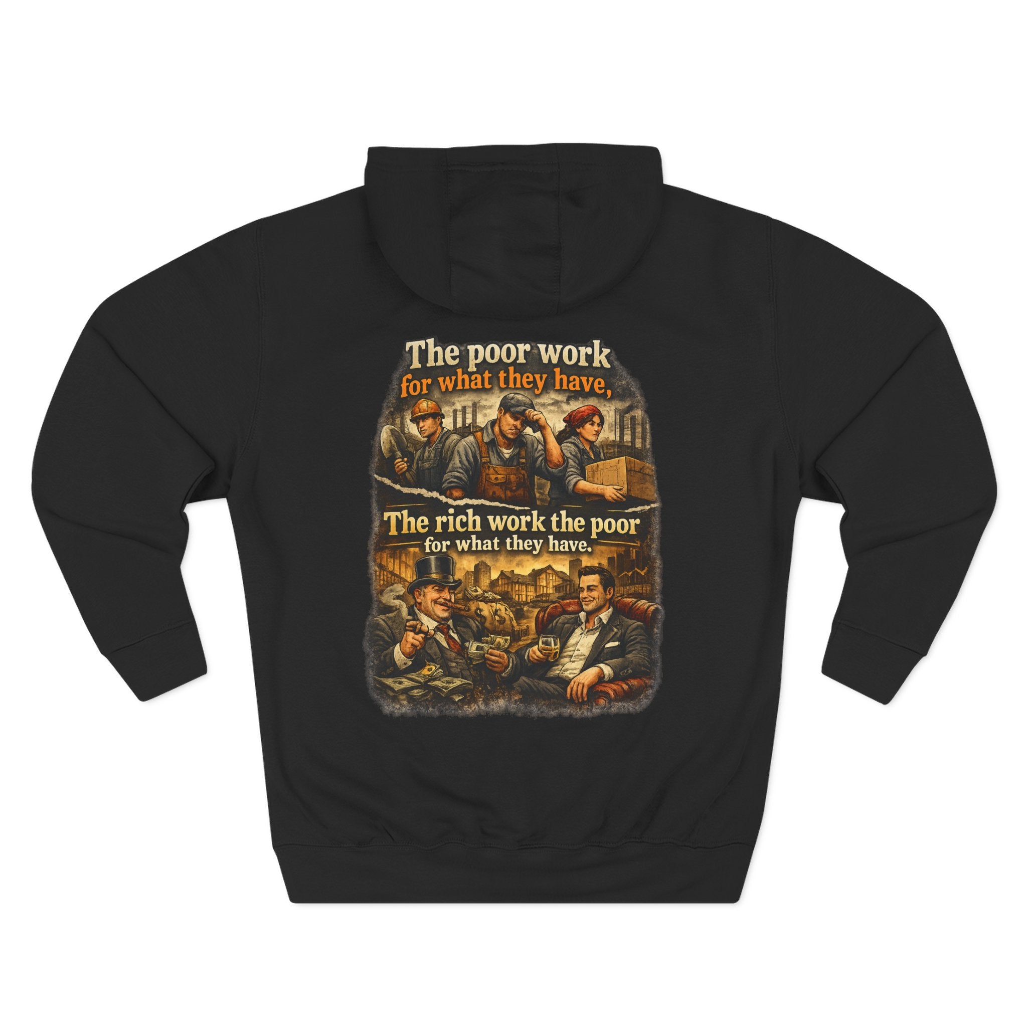 Three-Panel Fleece Hoodie — Vintage Worker vs. Rich Illustration Pullover