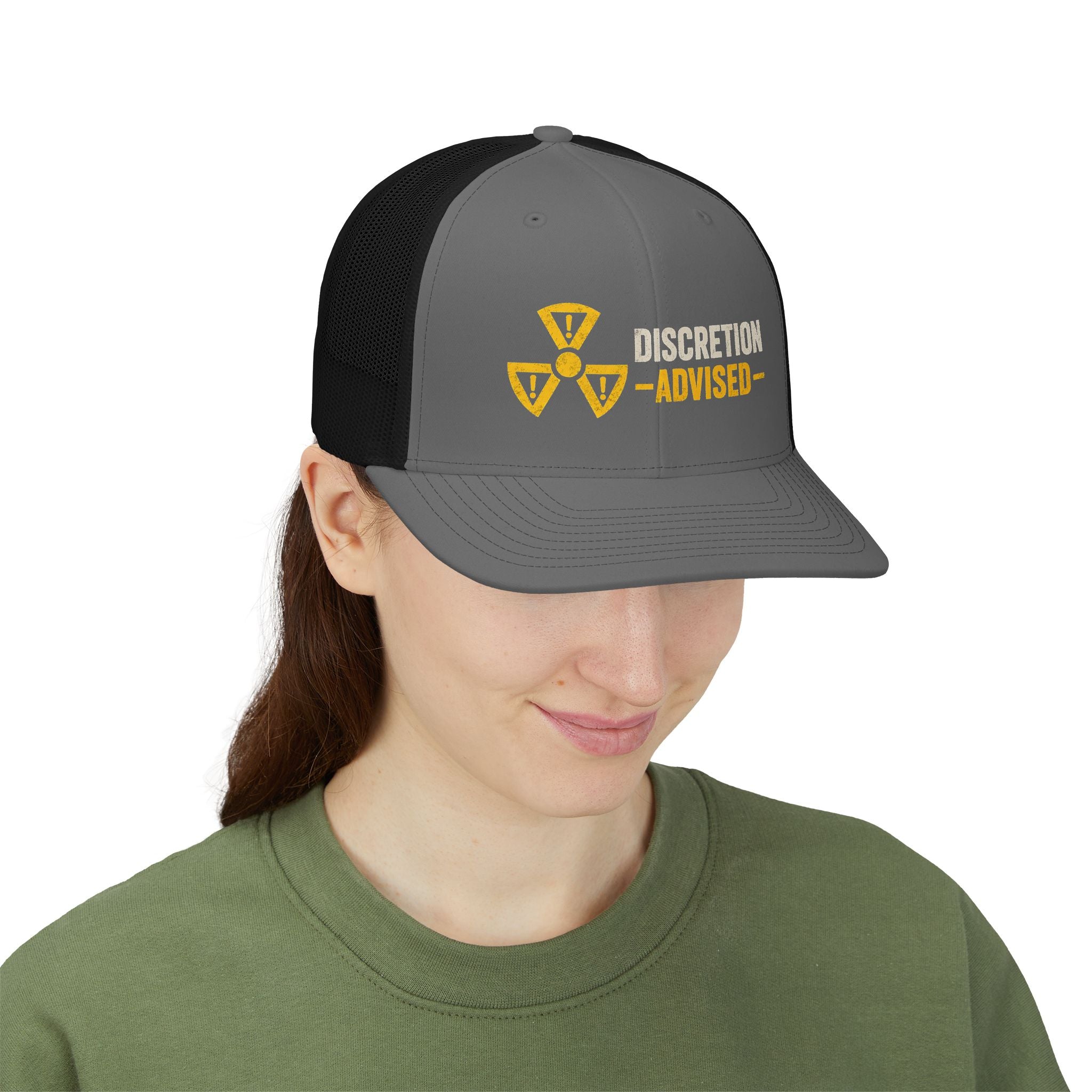 Discretion Advised Trucker Cap - Retro Radioactive Warning Snapback